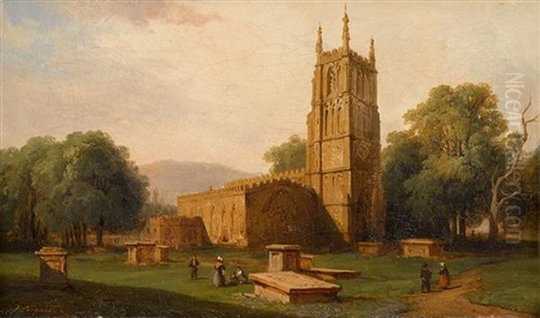 Landscape With Figures By A Cathedral Oil Painting by Jules Coignet