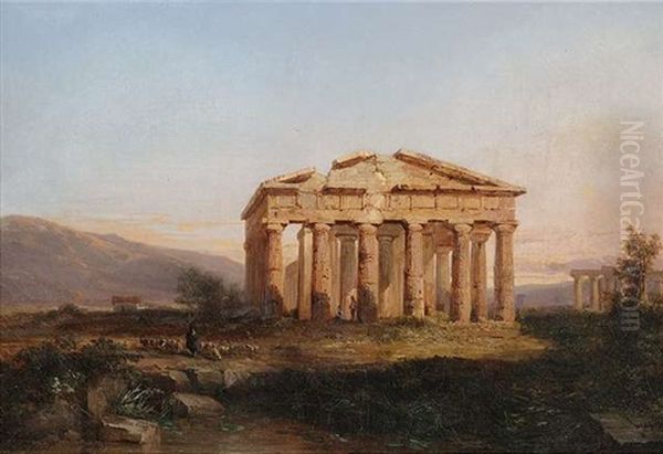 Die Tempel Von Paestum Im Abendlicht Oil Painting by Jules Coignet