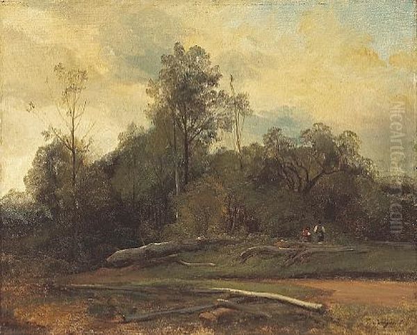 A Wooded Landscape With Figures Resting By A Road Oil Painting by Jules Coignet