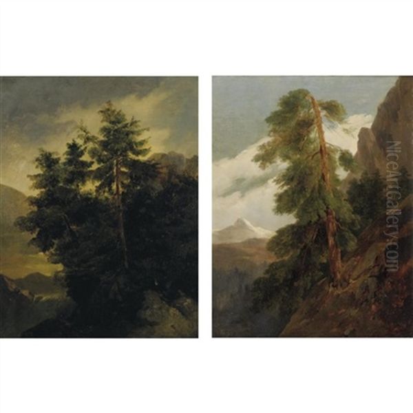 Stand Of Pines On A Rocky Outcropping (+ Pine Tree On A Hillside, A Snow Covered Mountain Beyond; 2 Works) Oil Painting by Jules Coignet