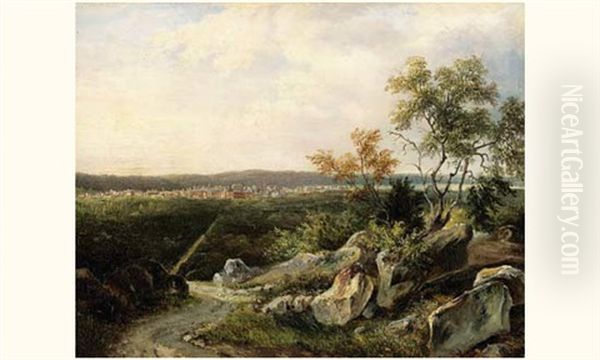 Vue De La Foret De Fontainebleau, Avec La Ville Et Le Chateau A L'arriere-plan Oil Painting by Jules Coignet