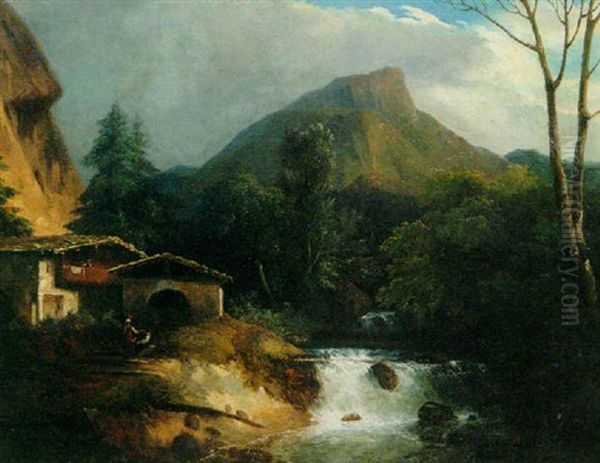 A Mountainous River Landscape Oil Painting by Jules Coignet