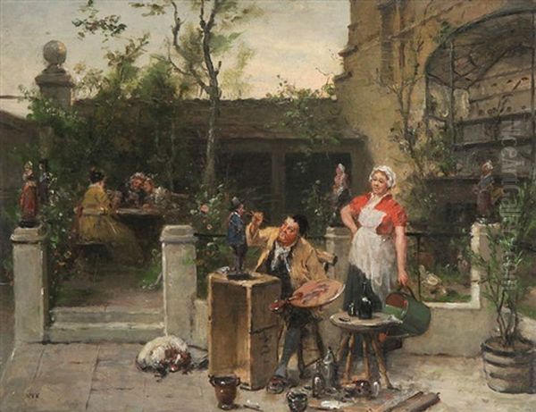 Scene Animee D'un Artiste Au Travail Sur Une Terrasse Oil Painting by David Col