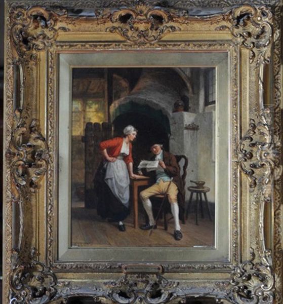 A Tavern Interior With A Serving Girl And An Elderly Gentleman Reading A Newspaper Oil Painting by David Col