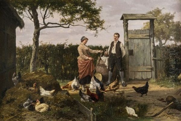 Chickens Feeding In A Farmyard Oil Painting by Jan David Col