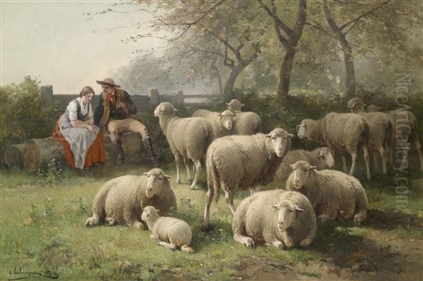 Rastendes Paar Bei Schafherde Oil Painting by Jan David Col