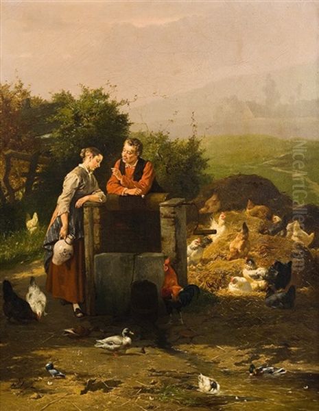 Couple D'amoureux Dans La Basse-cour Oil Painting by Jan David Col