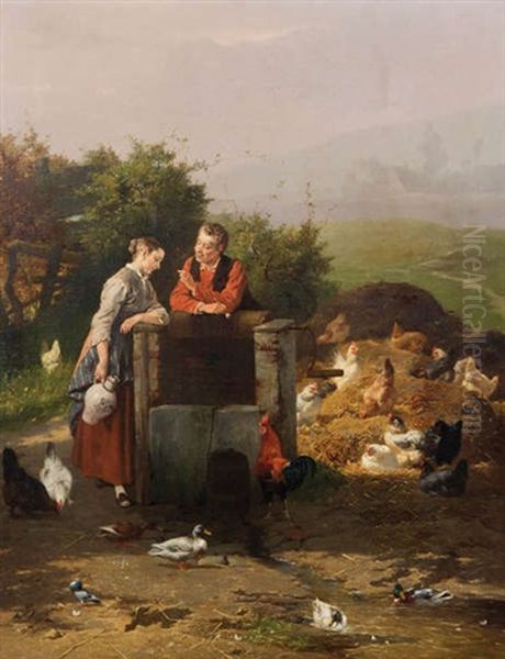 Couple De Bergers Amoureux Pres Du Puits Au Poulailler Oil Painting by Jan David Col