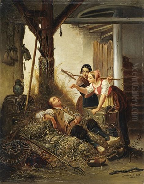 Schlafender Hirte Und Zwei Junge Magde Oil Painting by Jan David Col