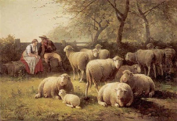 Sheep In A Shady Field With A Couple Seated On A Log Behind Oil Painting by Jan David Col