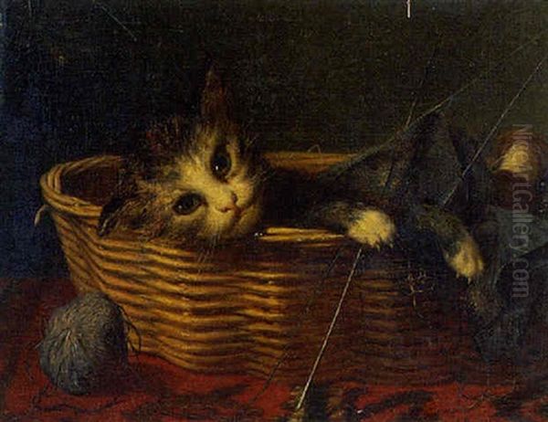 Chaton Au Panier De Tricot Oil Painting by Jan David Col