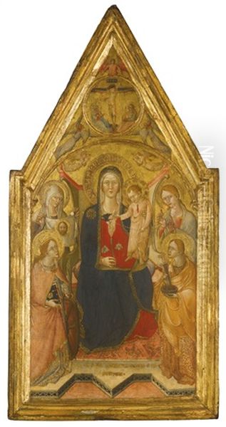 The Madonna And Child Enthroned, Flanked By Saint Catherine Of Alexandra, Saint Veronica, Saint Mustiola And Saint Lucy Oil Painting by  Cola di Petruccioli da Orvieto