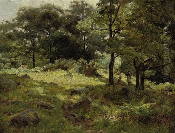 Figures In A Wooded Landscape Near Llanbedr, Conway, Wales Oil Painting by Chisholm Cole