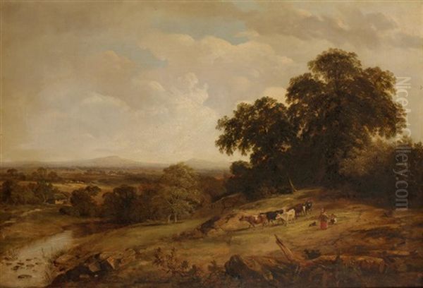 Figures And Cattle Beside A River Oil Painting by George Cole