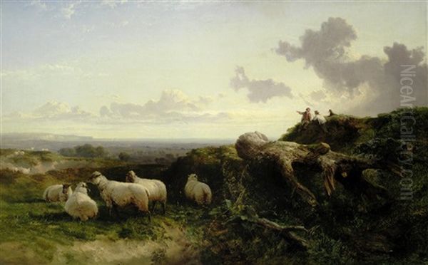 Sheep And Figures In A Coastal Landscaped Oil Painting by George Cole