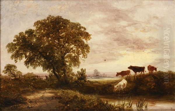 A South Country Landscape With Cattle By A Pool, And Another An Extensive Landscape With Herd Of Cattle Beneath A Spreading Tree, A Pair Oil Painting by George Cole