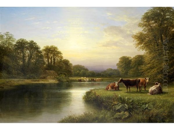 Cattle On A Riverbank Oil Painting by George Cole