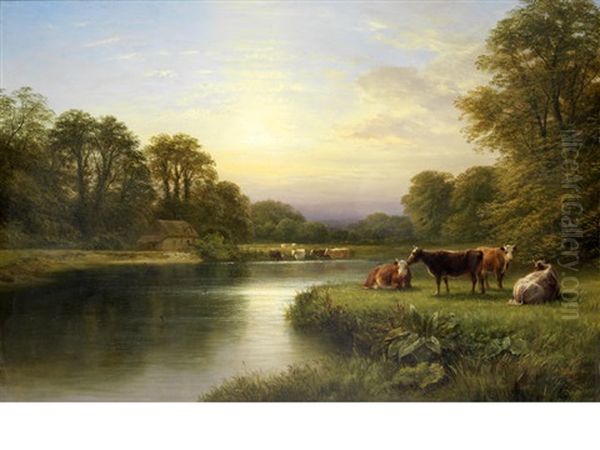 Cattle On A Riverbank Oil Painting by George Cole