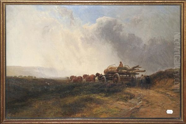 A Team Of Horses And Figures Hauling Timber On A Cart In An Open Landscape Oil Painting by George Cole