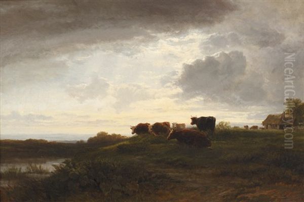 Cattle At The Water's Edge At Dusk Oil Painting by George Cole