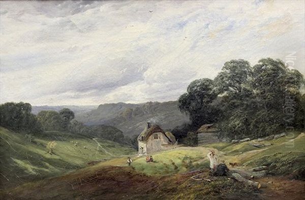 Landscape With Cottage And Figures Oil Painting by George Cole