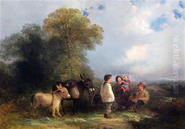 Travellers Resting On A Track With Two Donkeys And A Cart Oil Painting by George Cole