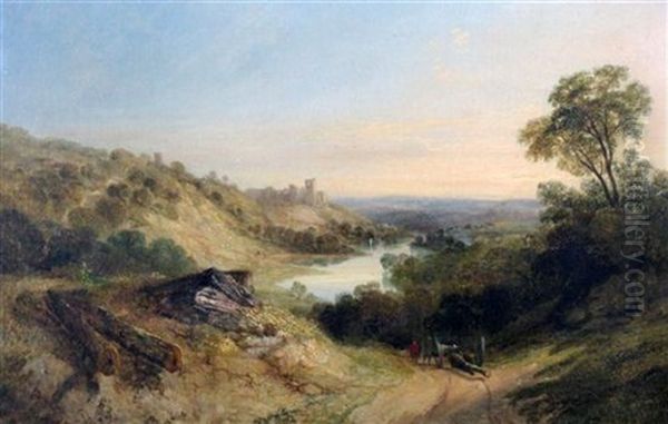 Extensive River Landscape With Figures Hauling Timber On A Track Oil Painting by George Cole