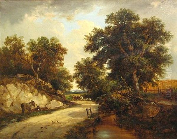 A Summer Landscape With Donkeys By A Road Oil Painting by George Cole