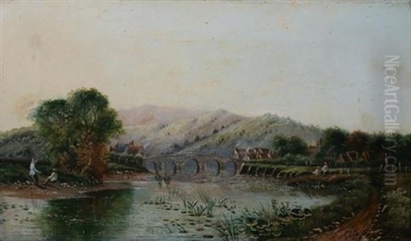 Fisherman By Aqueduct, Wales Oil Painting by George Cole