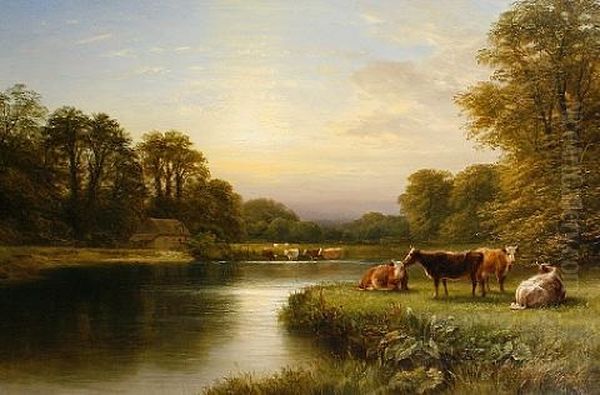 Cattle On A Riverbank Oil Painting by George Cole