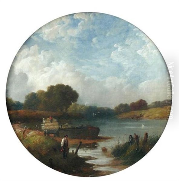 Harvesters Loading Stooks Onto A Barge On A River Oil Painting by George Cole