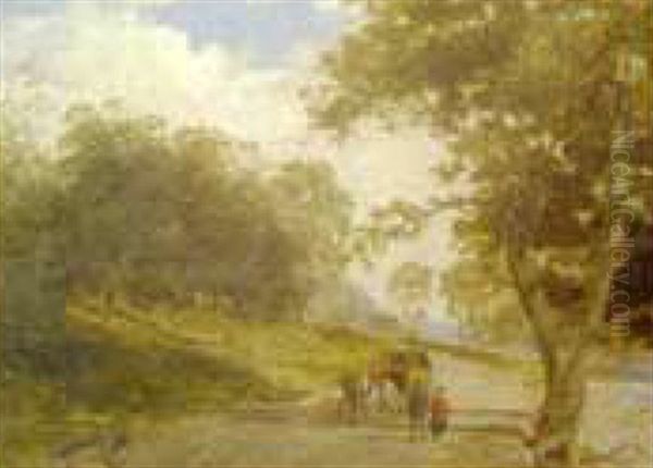 Travelers On A Wooded Path Near A Stream Oil Painting by George Cole