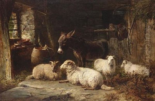 A Welsh Interior With Sheep And Donkey Oil Painting by George Cole