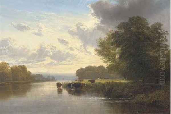 Cattle Watering On The Thames Oil Painting by George Cole