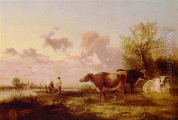 Fishermen And Cattle In A Meadow Oil Painting by George Cole