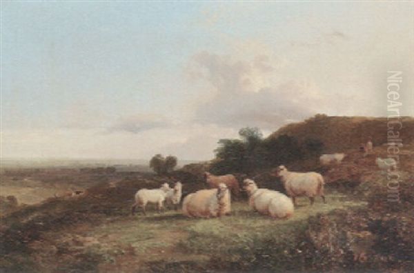 Sheep In A Landscape Oil Painting by George Cole