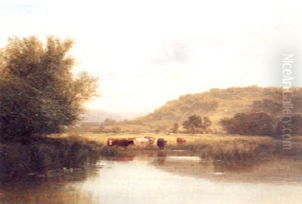 Cattle Watering In A Tranquil River Oil Painting by George Cole