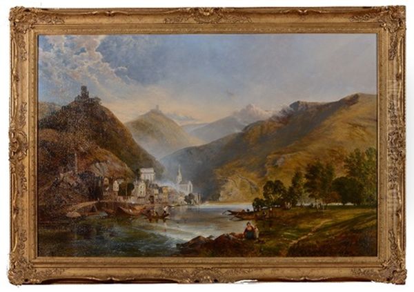 A Continental Mountainous Lakeside With Figures Oil Painting by George Vicat Cole