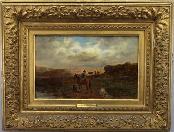 A Figure On Horseback With Livestock In The Background by George Vicat Cole