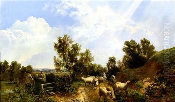 Rural Landscape With Sheep And Shepherd On A Path With A Stile And Cottages Oil Painting by George Vicat Cole