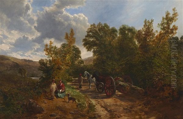 Figures And Wagons On A Road Oil Painting by George Vicat Cole