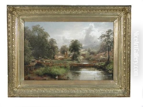 A Mill On A River With Lock Gates Oil Painting by George Vicat Cole