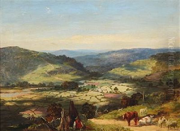 English Summer Landscape With A Shepherd Herding Sheep And Cattle Oil Painting by George Vicat Cole