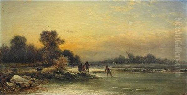 A Fisherman And His Family By A Frozen River, A Windmill Beyond Oil Painting by George Vicat Cole