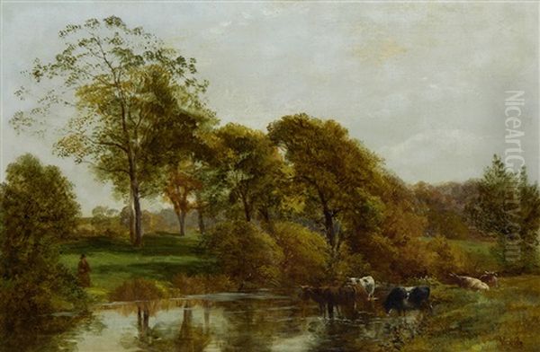 Cows Watering By A River Oil Painting by George Vicat Cole