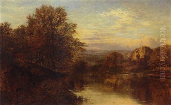 A River Landscape At Dusk With A Woman And A Dog On A Path And Cattle Watering Oil Painting by George Vicat Cole