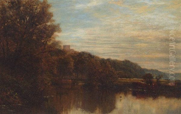 Cattle Watering In A Tranquil River With A Church Beyond Oil Painting by George Vicat Cole