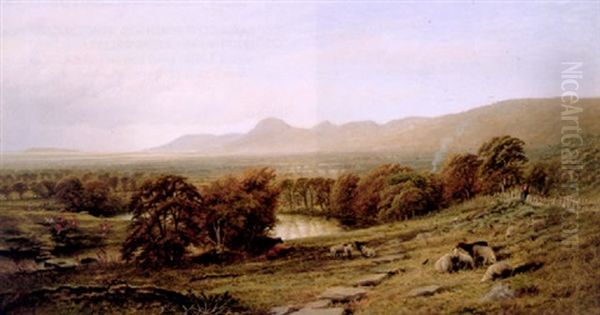 A Hunt In Progress In An Extensive River Landscape With Hills Beyond, Cattle And Sheep In The Foreground, A Farmer To The Right Oil Painting by George Vicat Cole