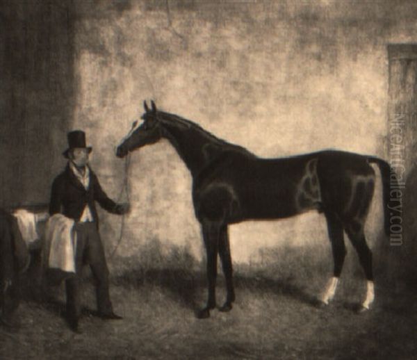 'orlando', A Bay Racehorse Held By A Trainer Oil Painting by George Vicat Cole