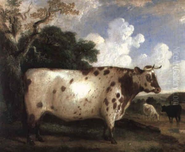 A Shorthorn Bull In A Landscape Oil Painting by George Vicat Cole